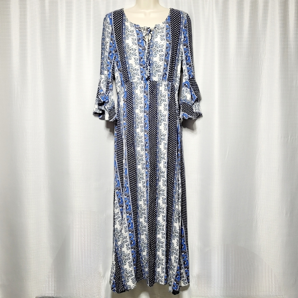 Boho Gauzy Blue, White & Black Flowy Poet Sleeve Maxi Dress (S**)